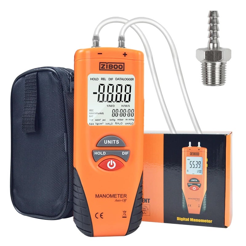 ZIBOO ET1013 Digital Manometer, Air and Gas Pressure Tester, Differential Dual Port Pressure Gauge, Large LCD Display with Backlight,HVAC Gas Pressure Tester - Image 1